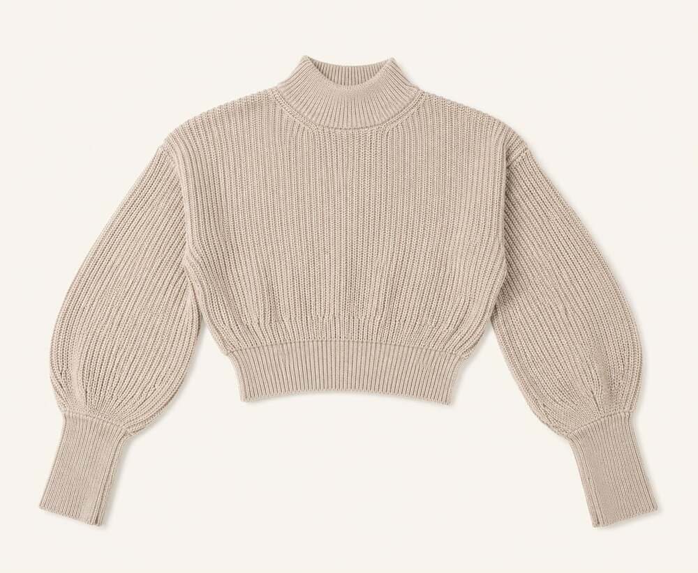 NA-KD Oatmeal Chunky Knit Cropped Mock Neck Sweater Balloon Sleeve S